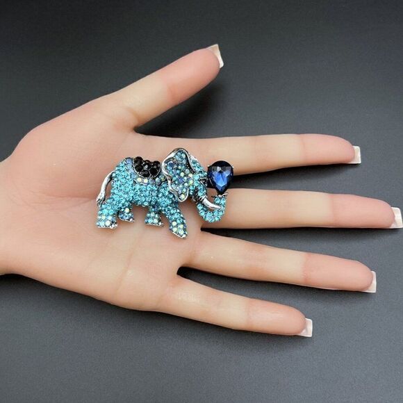 Silver with Blue Sapphire Black Onyx and AB Crystal Elephant Pin Back Brooch - Picture 10 of 10